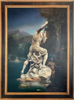 Peinture à l'huile sur toile Capricio encadrée - Paysage mythologique de Rome - En stock 