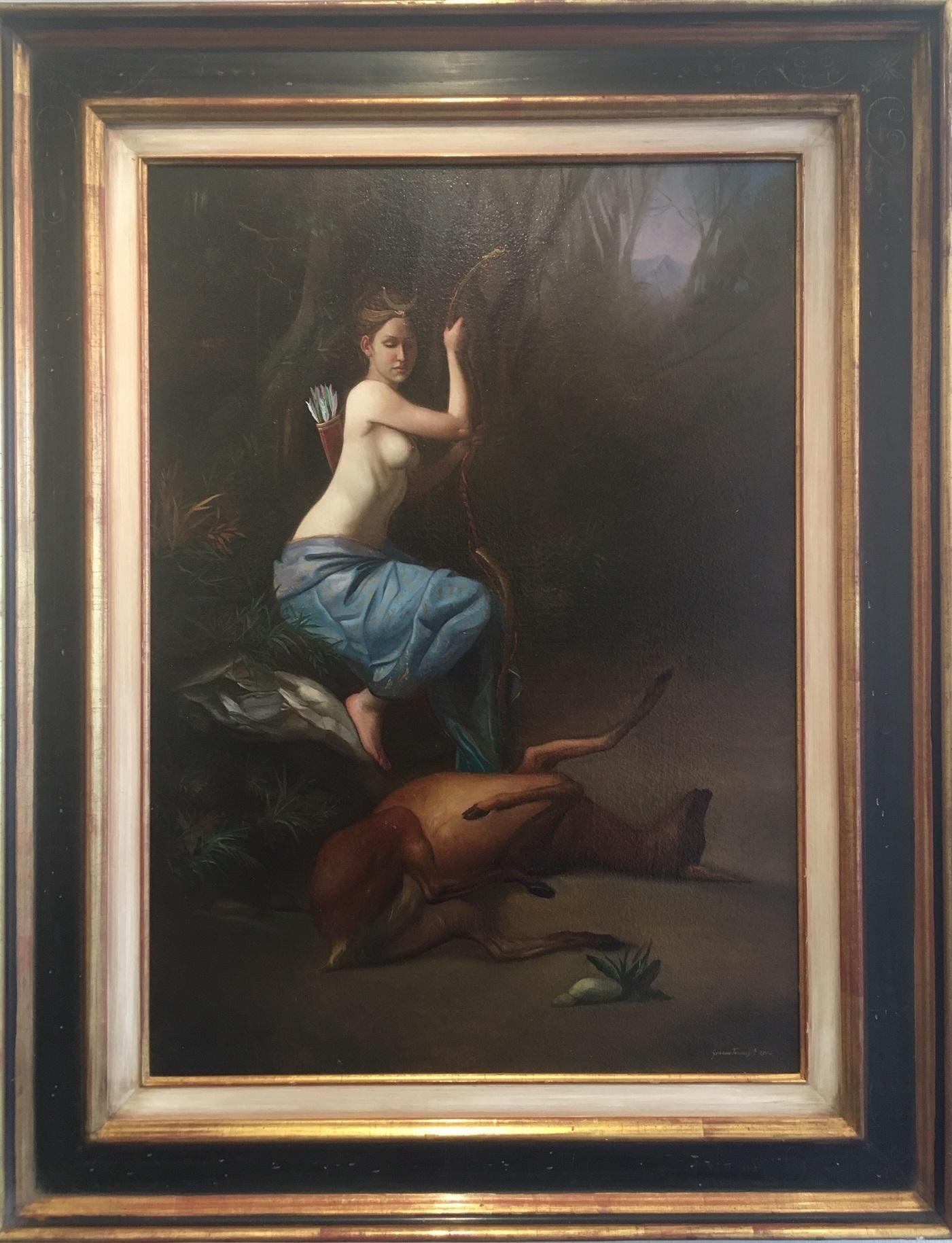 Giovanni Tommasi Ferroni Figurative Painting - Diana e la Cerva Oil Painting Contemporary Mythology In Stock