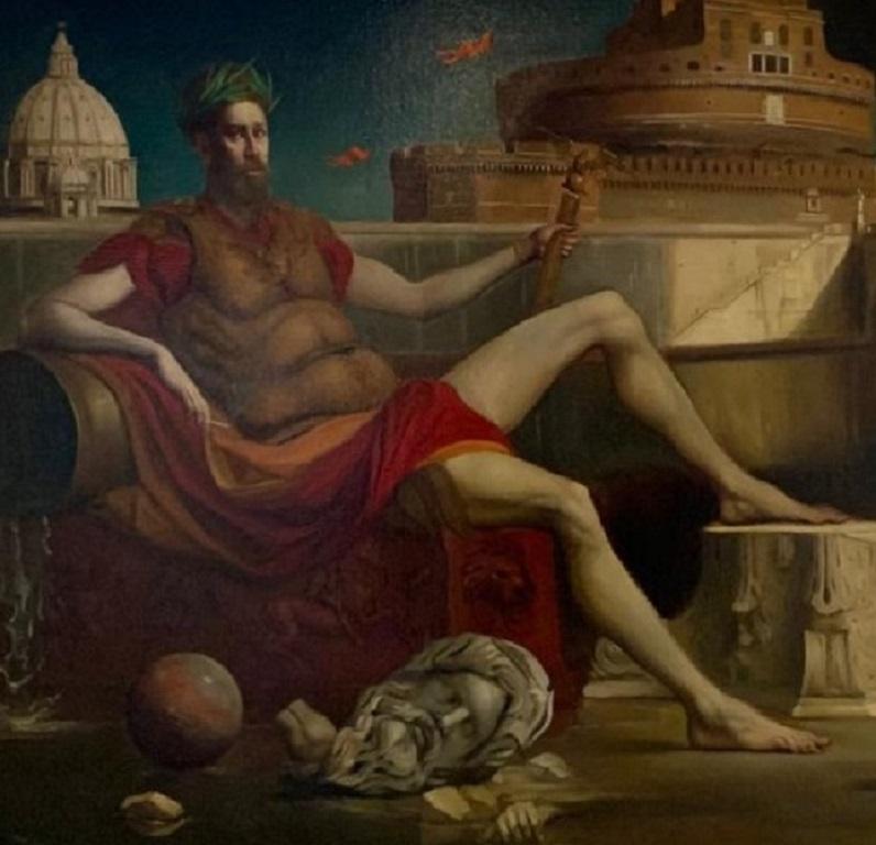 Divus Teberinus Selportrait Città di Roma Contemporaneo Dipinto ad olio In magazzino - Landscape Painting Nero di Giovanni Tommasi Ferroni