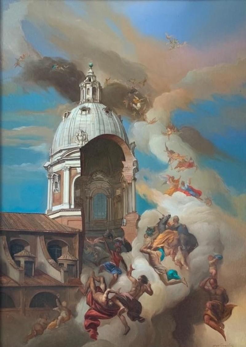Fuga degli Affreschi da Ignazio Oil Painting on Canvas Rome In Stock - Gray Landscape Painting by Giovanni Tommasi Ferroni