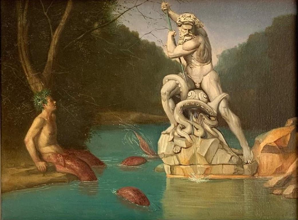 Il Tritone i Neptuno Neptune, Wasser-Ölgemälde auf Leinwand, Rom, auf Lager – Painting von Giovanni Tommasi Ferroni