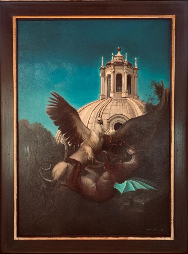 Landscape Painting Giovanni Tommasi Ferroni - Peinture à l'huile de dragon Drago de K 'ippogrifo e il Drago, mythologie de Rome, en stock