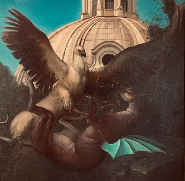 Peinture à l'huile de dragon Drago de K 'ippogrifo e il Drago, mythologie de Rome, en stock - Contemporain Painting par Giovanni Tommasi Ferroni