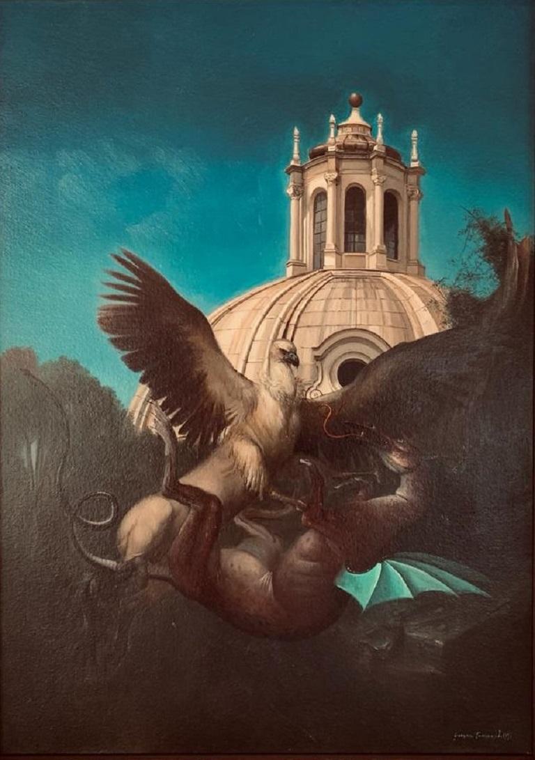 K'ippogrifo e il Drago Pittura ad olio Roma Mitologia Arte In magazzino - Painting di Giovanni Tommasi Ferroni