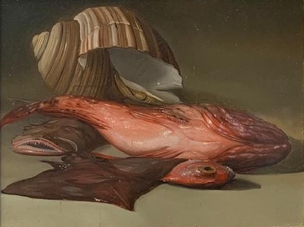 Natura Morta di Pesci Oil Painting on Canvas Still Life Rome Fish In Stock  - Black Figurative Painting by Giovanni Tommasi Ferroni