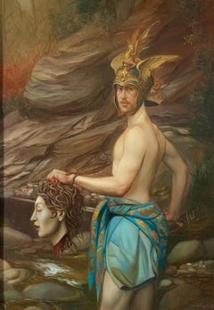 Perseo Peinture à l'huile sur toile Mythologie Tête de dragon Rome En stock