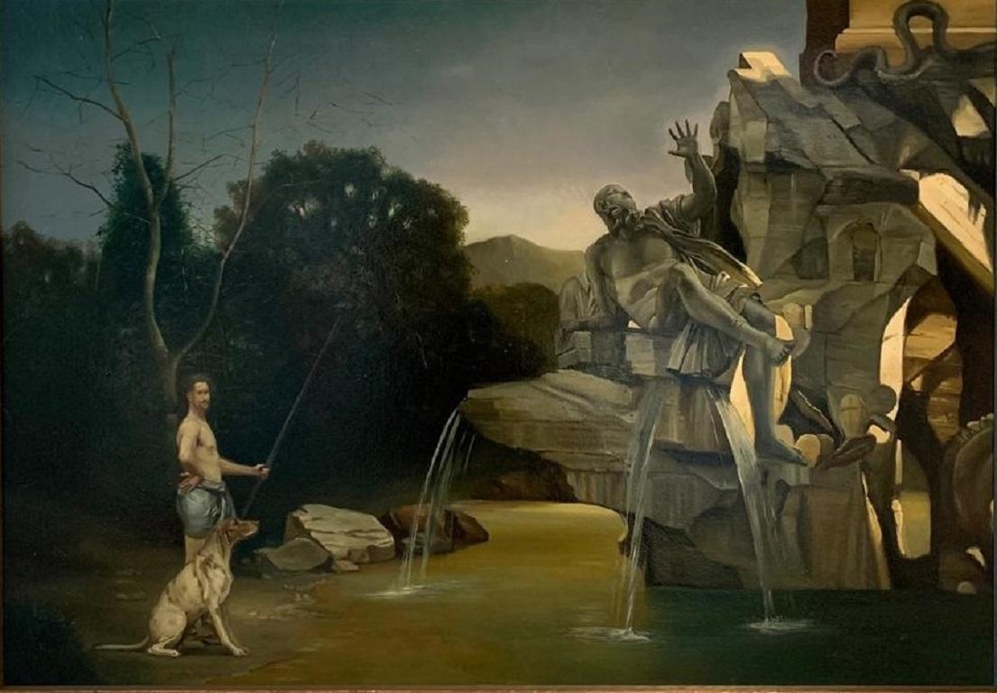 Pescatore sul Gange Pittura ad olio contemporanea Pescatore Roma Italia In magazzino - Painting di Giovanni Tommasi Ferroni