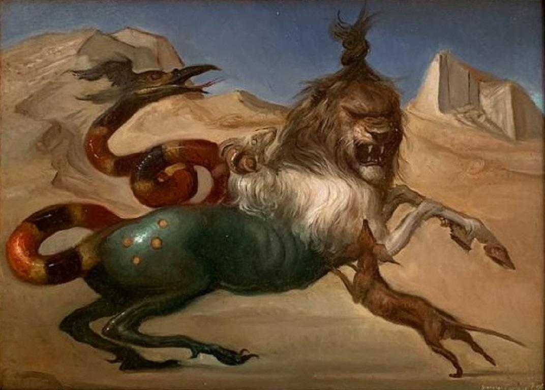 Sui Monti Delta Licia Mitologia Pittura ad olio Leone Cane Serpente Roma In magazzino - Painting di Giovanni Tommasi Ferroni