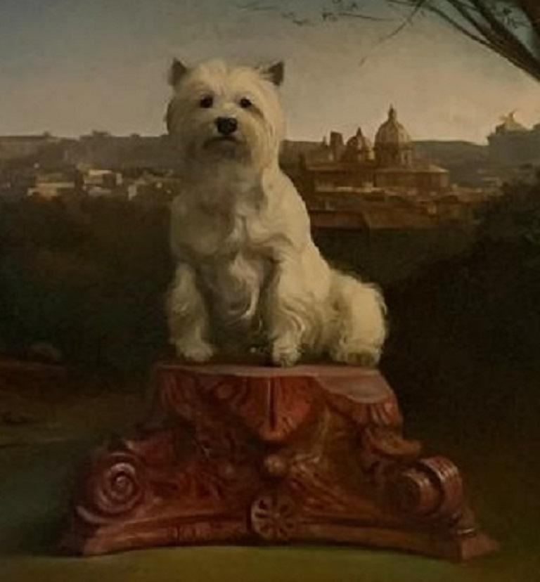 Tjeki - Portrait de chien - Paysage romain - Huile sur toile - Contemporain en stock - Noir Landscape Painting par Giovanni Tommasi Ferroni