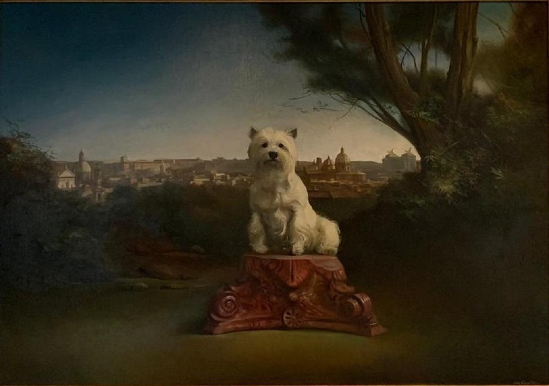 Tjeki - Portrait de chien - Paysage romain - Huile sur toile - Contemporain en stock - Painting de Giovanni Tommasi Ferroni