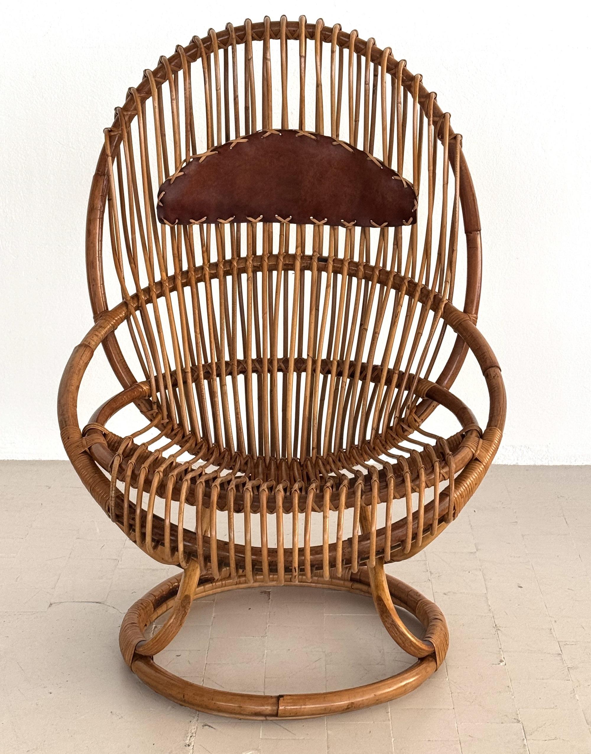 Mid-Century moderno Giovanni Travasa Sedia facile in vimini di bambù per Bonacina, 1950 ca. in vendita