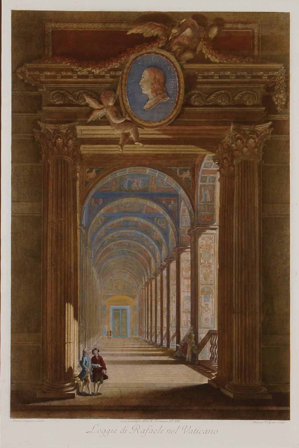  Loggie di Rafaele nel Vaticano : Gravure colorée à la main du 18e siècle par Volpato - Print de Giovanni Volpato