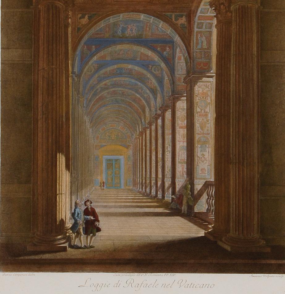  Loggie di Rafaele nel Vaticano : Gravure colorée à la main du 18e siècle par Volpato - Marron Interior Print par Giovanni Volpato