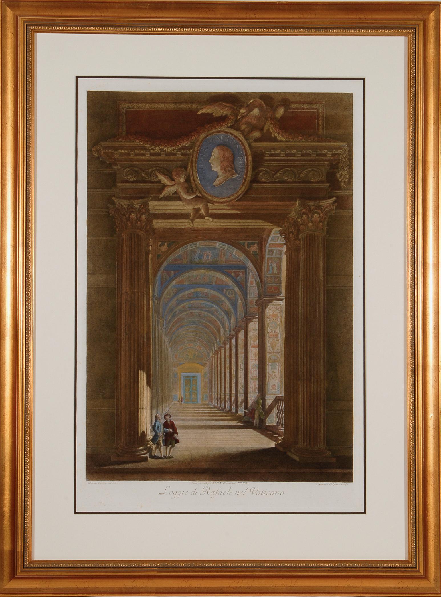 Giovanni Volpato Interior Print -  Loggie di Rafaele nel Vaticano: 18th Century Hand-colored Engraving by Volpato