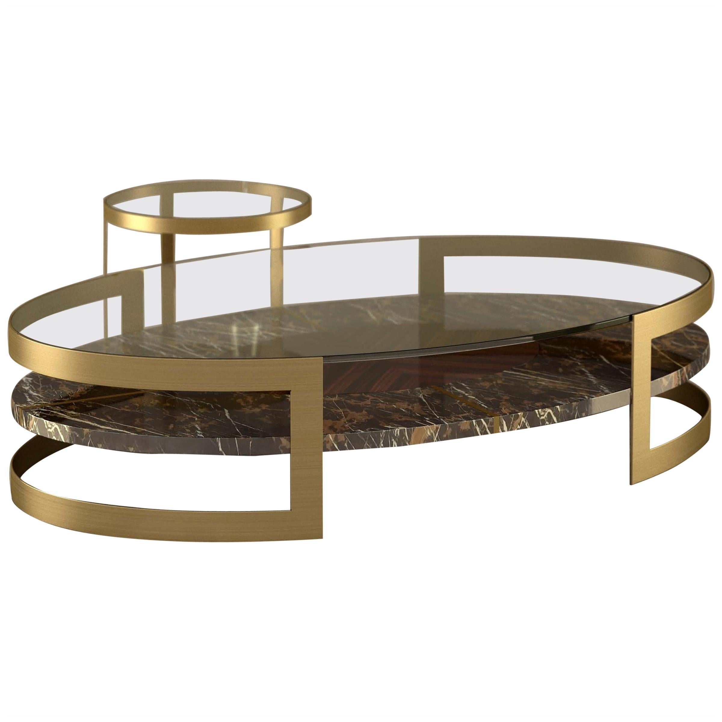 Giovannozzi Home, Coffe Table+Side Table "Saturn" Marble and Metal Brass Finish For Sale