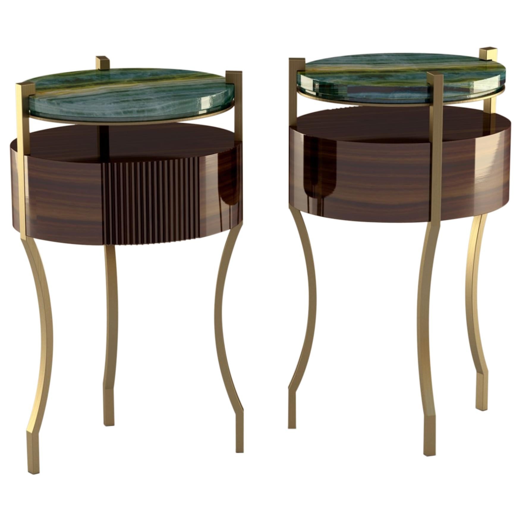 Giovannozzi Home, Side Table "Kheperer" Marble Onyx and Metal Brass Finish-Italy For Sale