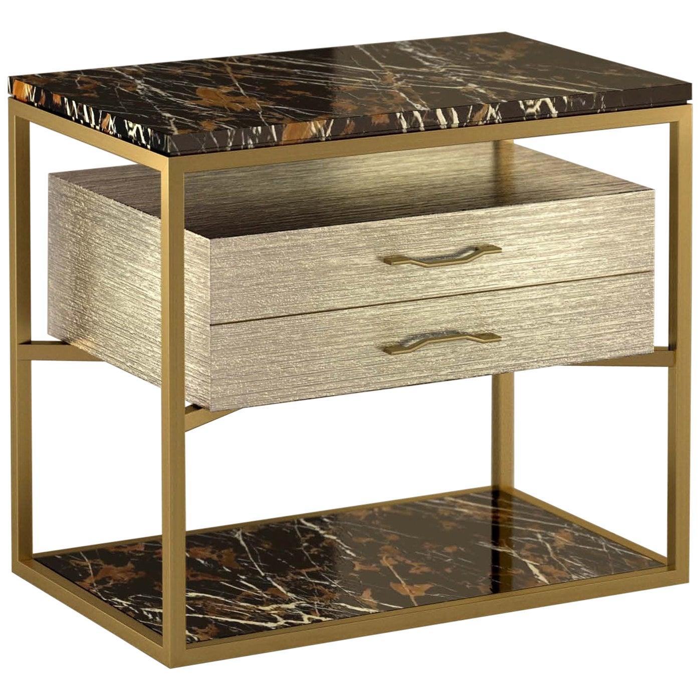Giovannozzi Home, Bedside Table "Garbo" Black Marble and Metal Brass Finish-Italy