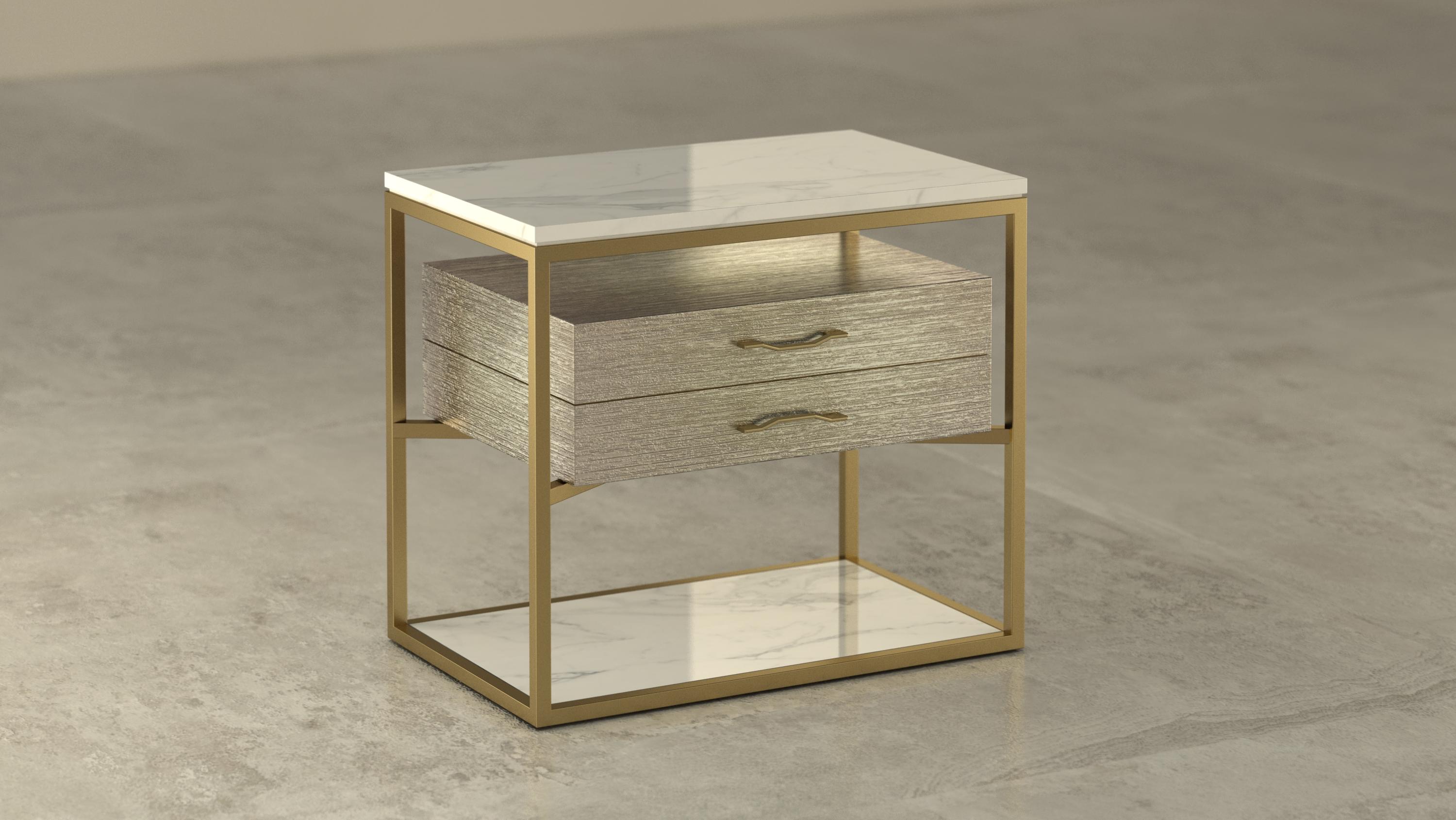 - Table de chevet composée de marbre, bois et métal, créée par l'architecte Michele Arcarese en collaboration avec Giovannozzi.
- Dessus avec rainure, en marbre type 