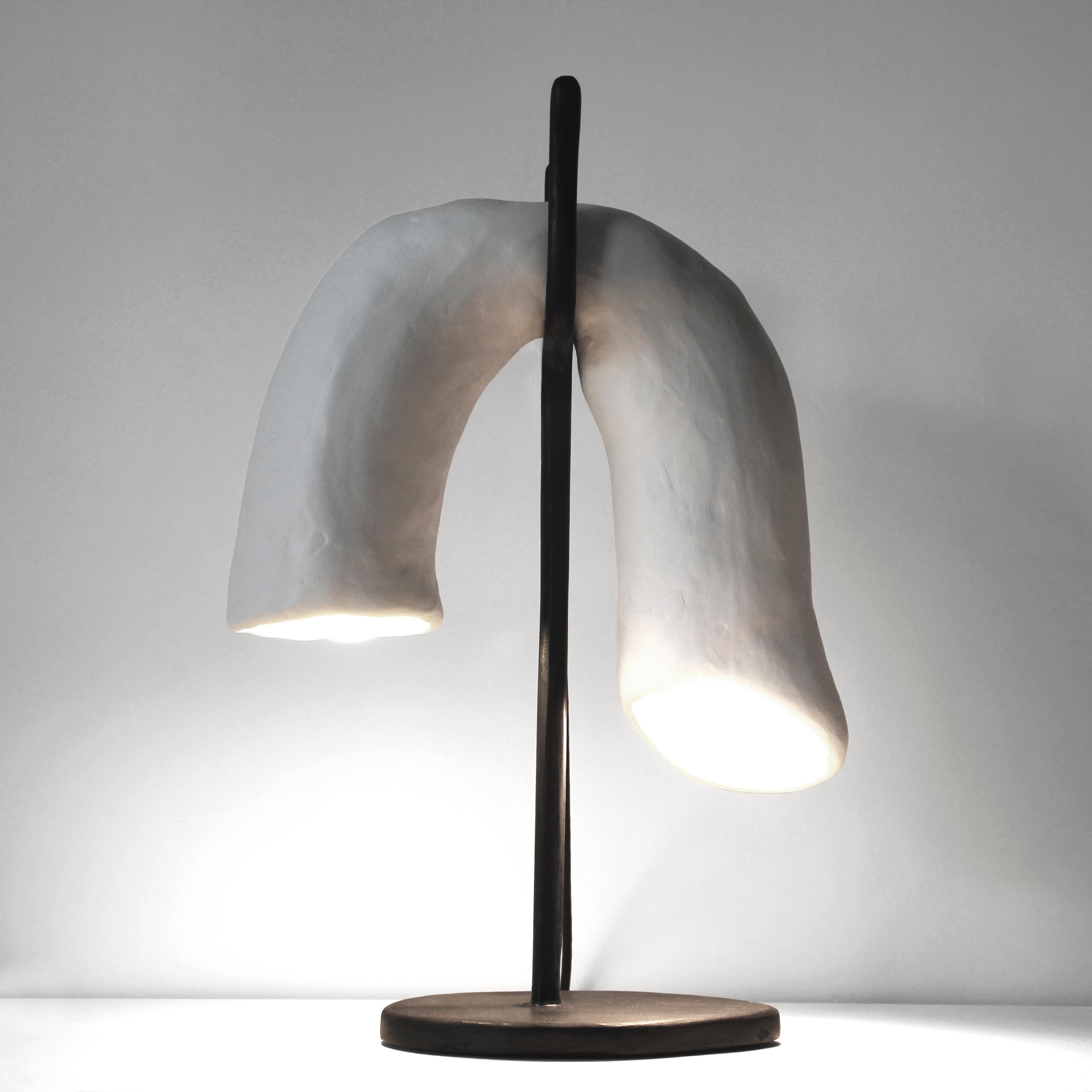 Ģipsis №4 Table Lamp in Plaster, Paint, Oak, Brass & Wire by Dace Sūna
Dimensions: D 18 x W 35 x H 40 cm. 
Materials: Plaster, paint, oak, brass, and wire.

All our lamps can be wired according to each country. If sold to the USA it will be wired