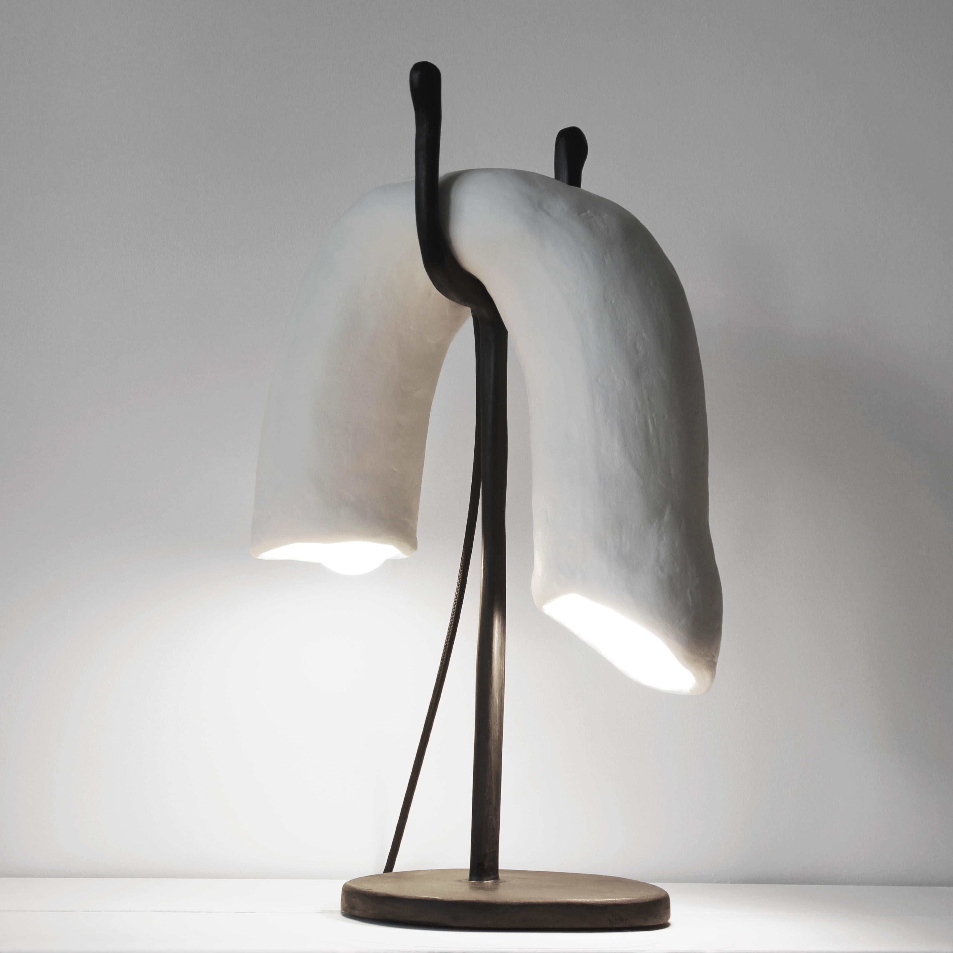 Ģipsis №4 Table Lamp in Plaster, Paint, Oak, Brass & Wire by Dace Sūna In New Condition For Sale In Geneve, CH