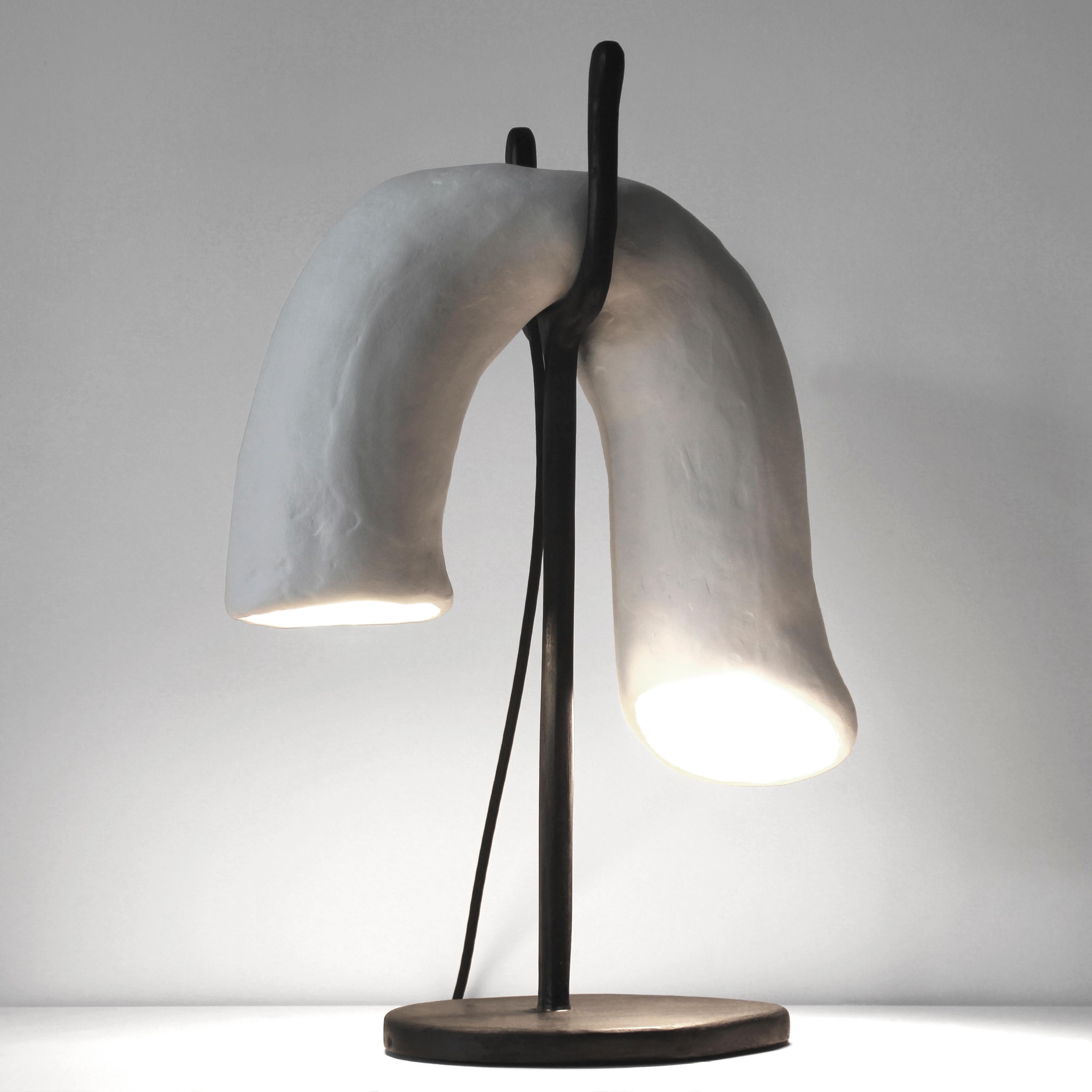 Contemporary Ģipsis №4 Table Lamp in Plaster, Paint, Oak, Brass & Wire by Dace Sūna For Sale
