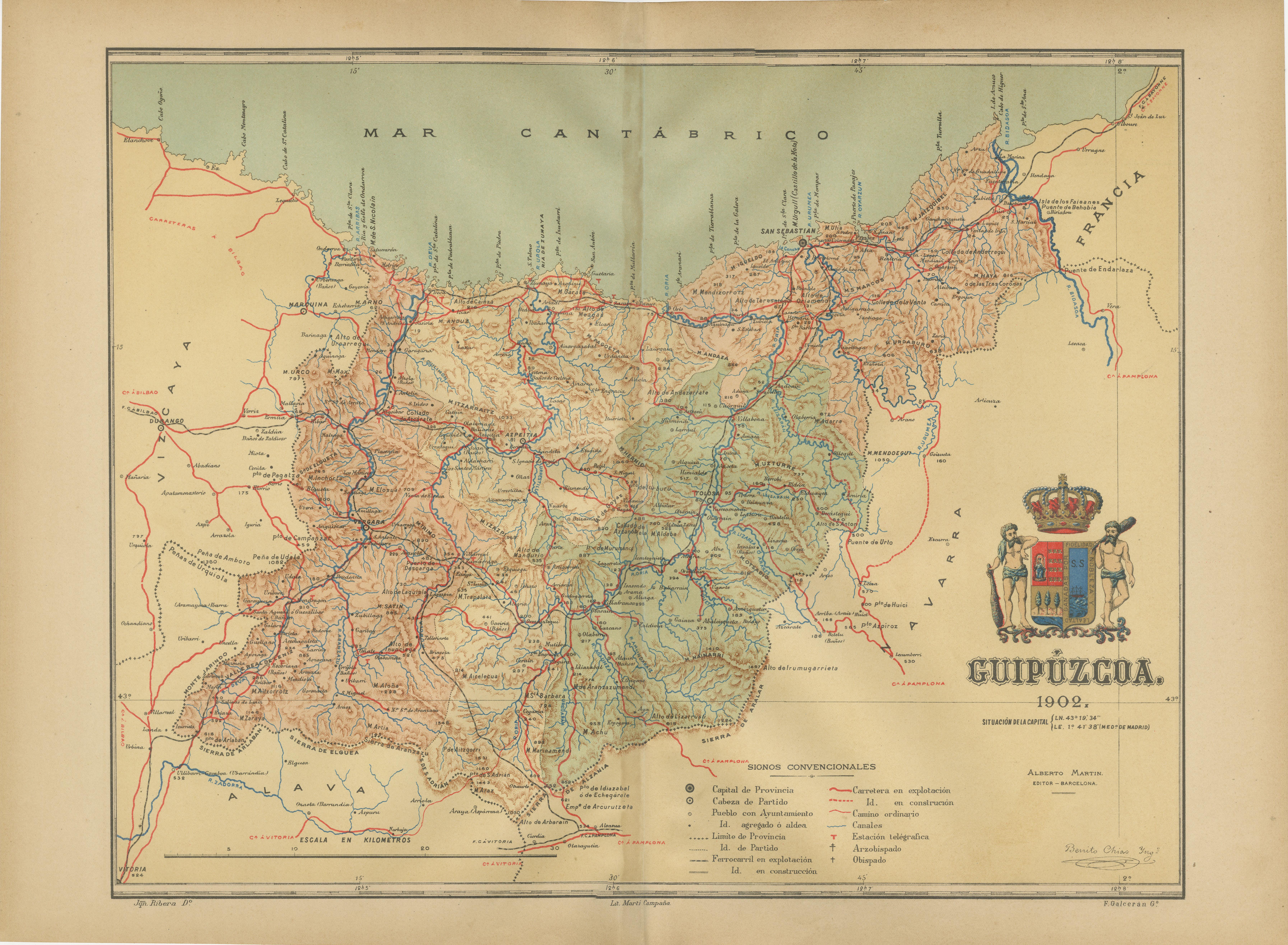 The map showcases the province of Gipuzkoa (also known as Guipúzcoa in Spanish), which is part of the autonomous community of the Basque Country in northern Spain, as of the year 1902. The map includes several notable features:

It depicts the