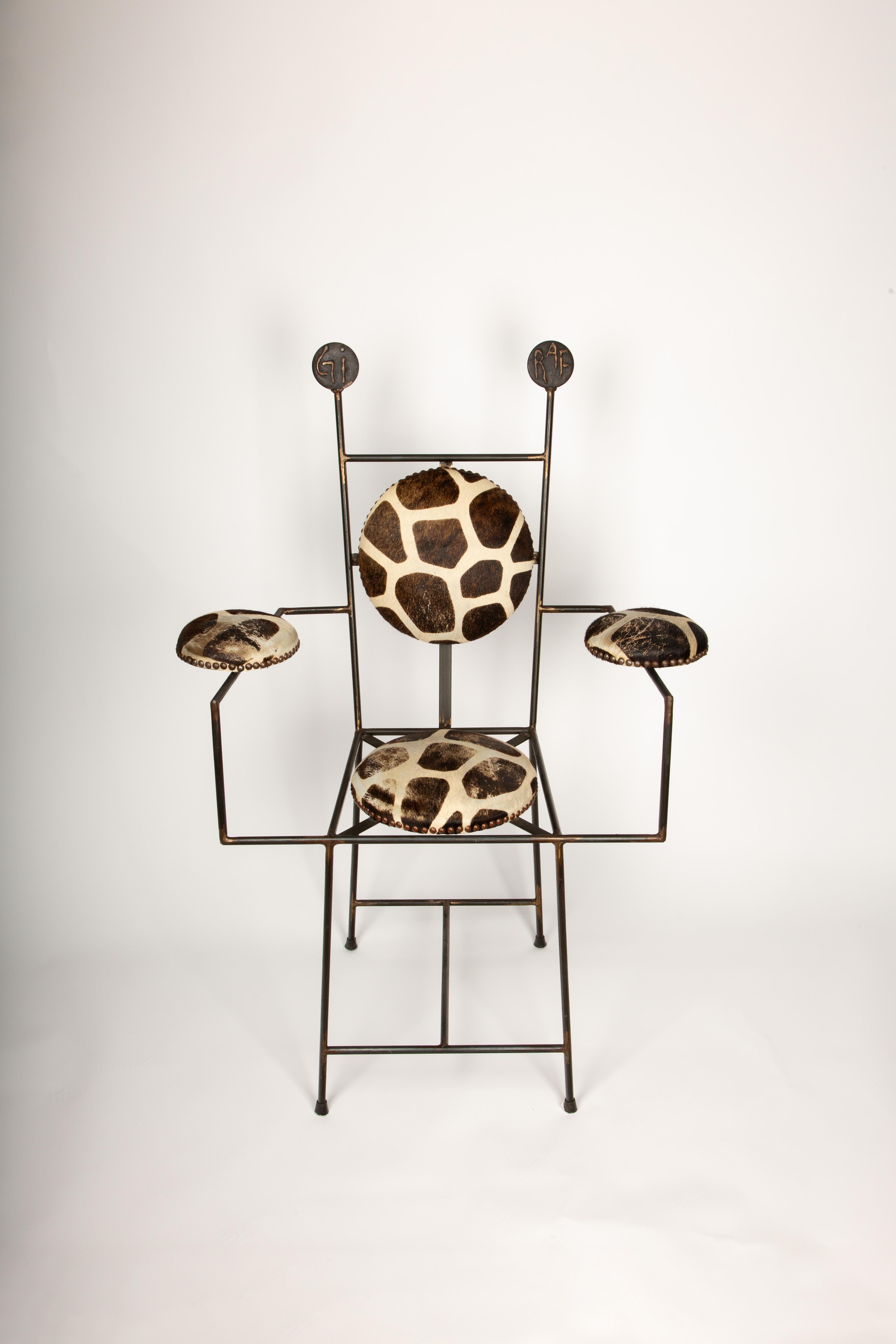 A unique and striking throne chair, crafted in 1995, this piece is a fusion of modern art and functional design. The chair features a sturdy, yet minimalist, wrought iron frame that exudes strength and durability. The seat, backrest, and armrests