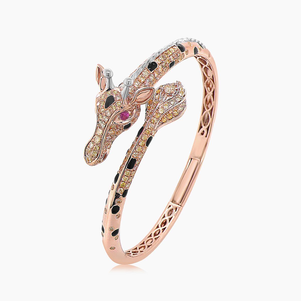 Taglio misto Bracciale in oro rosa 18 carati con diamanti e pavé di onice nera e rubino della giraffa in vendita