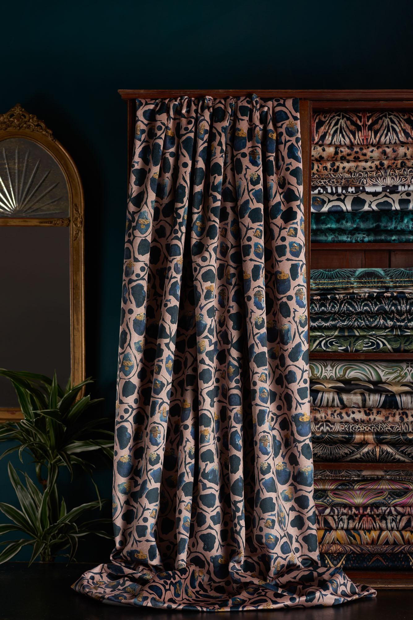 Giraffe Blush is our fun animal print with gold accents in four distinctive colourways. Created from an ink painting Anna added gold touches to these deep inky blue tones with a blush pink background.

This velvet is midweight, with a strong