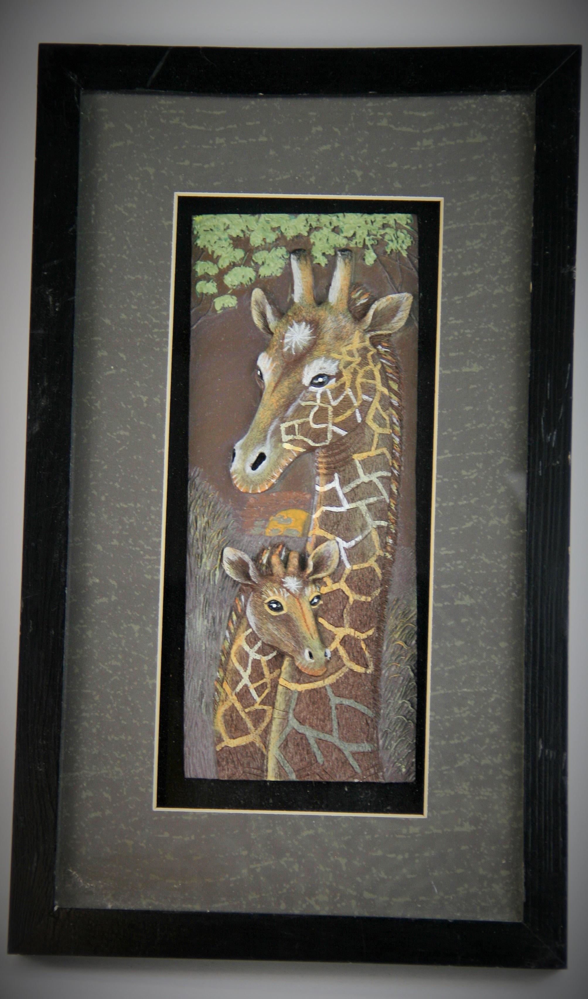 3-402 Hand painted giraffes in a custom wood frame
Image size 4.25 x 10