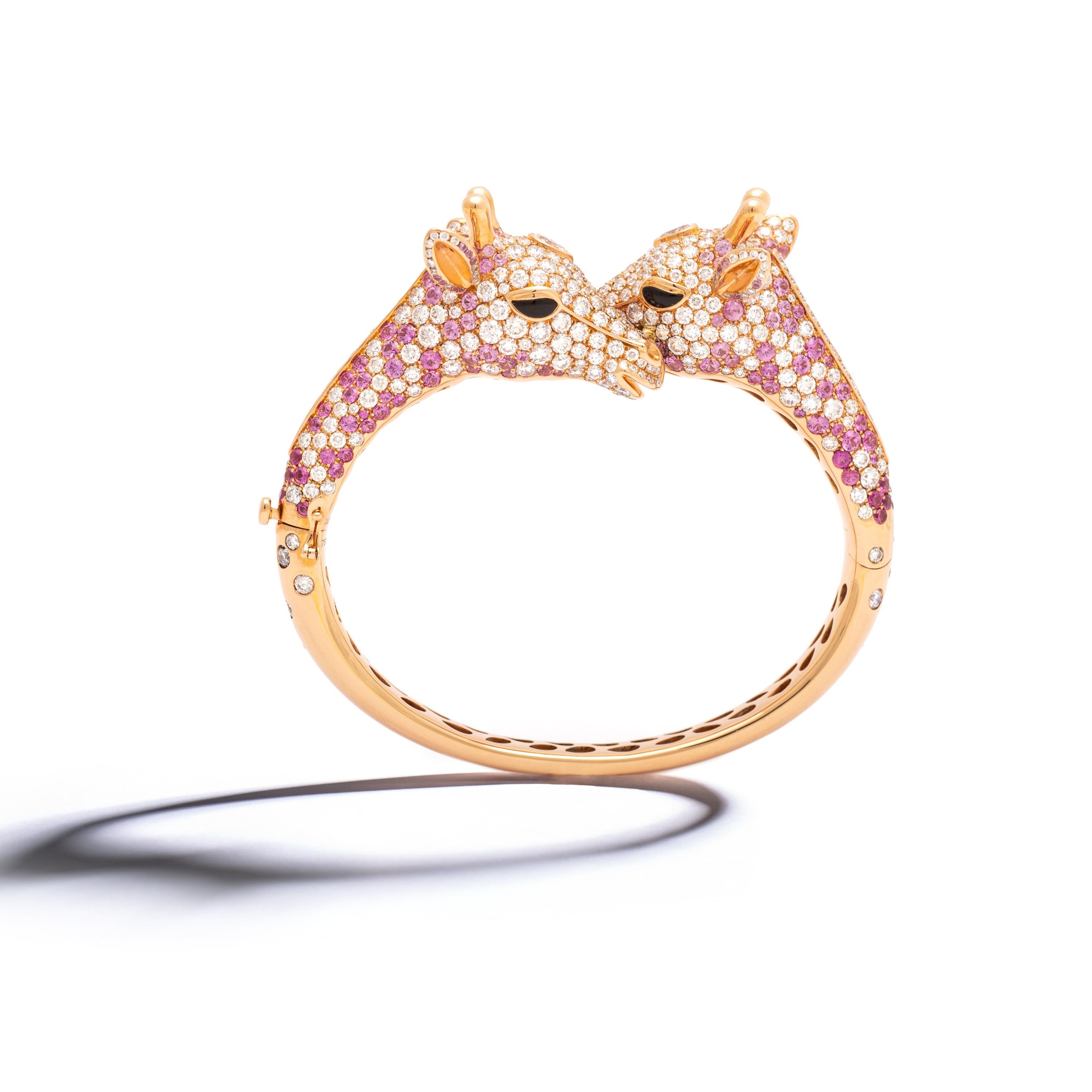 Goldarmband mit Giraffen-Diamant und rosa Saphir (Ästhetizismus) im Angebot