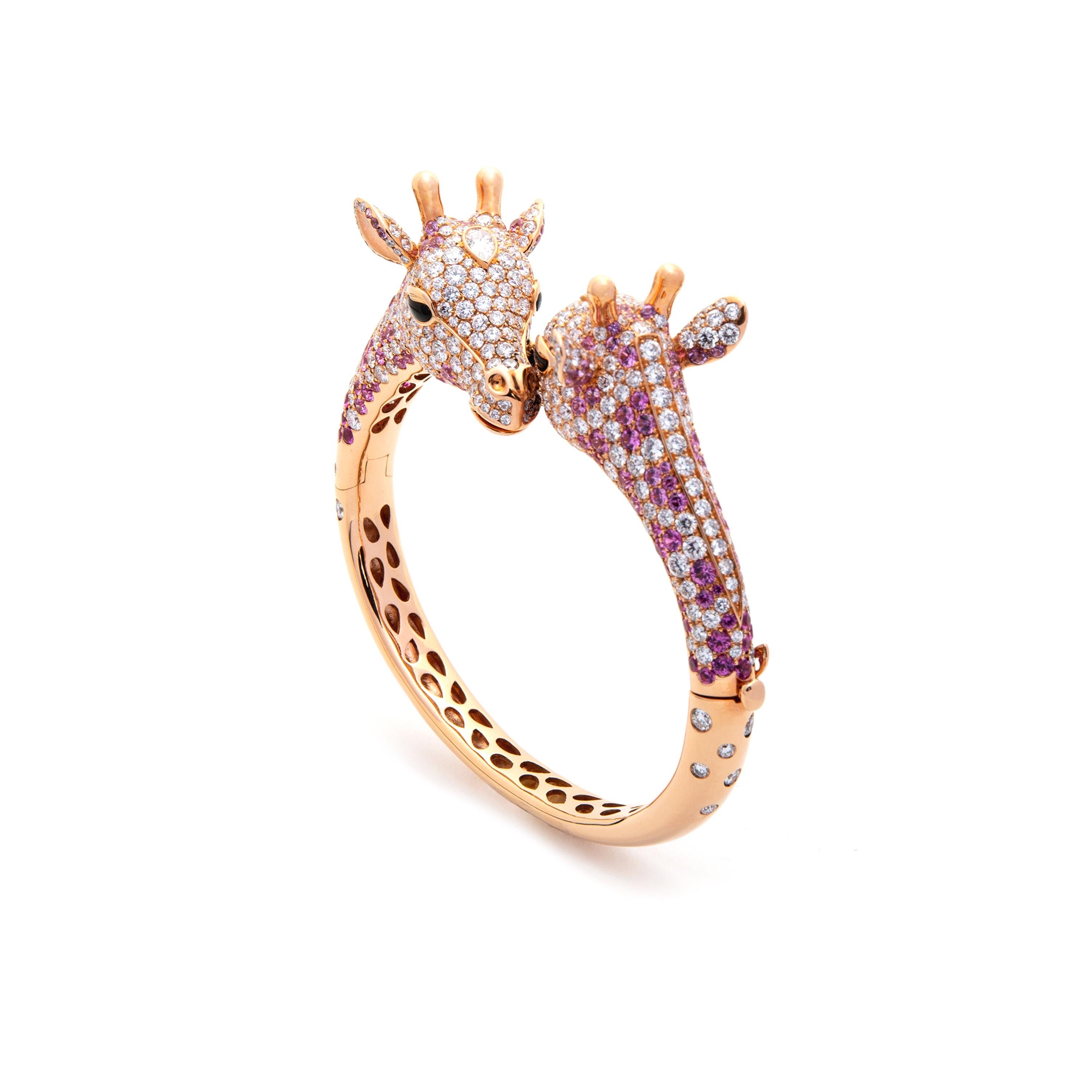 Aesthetic Movement Giraffe Diamond Pink Sapphire Gold Bracelet For Sale