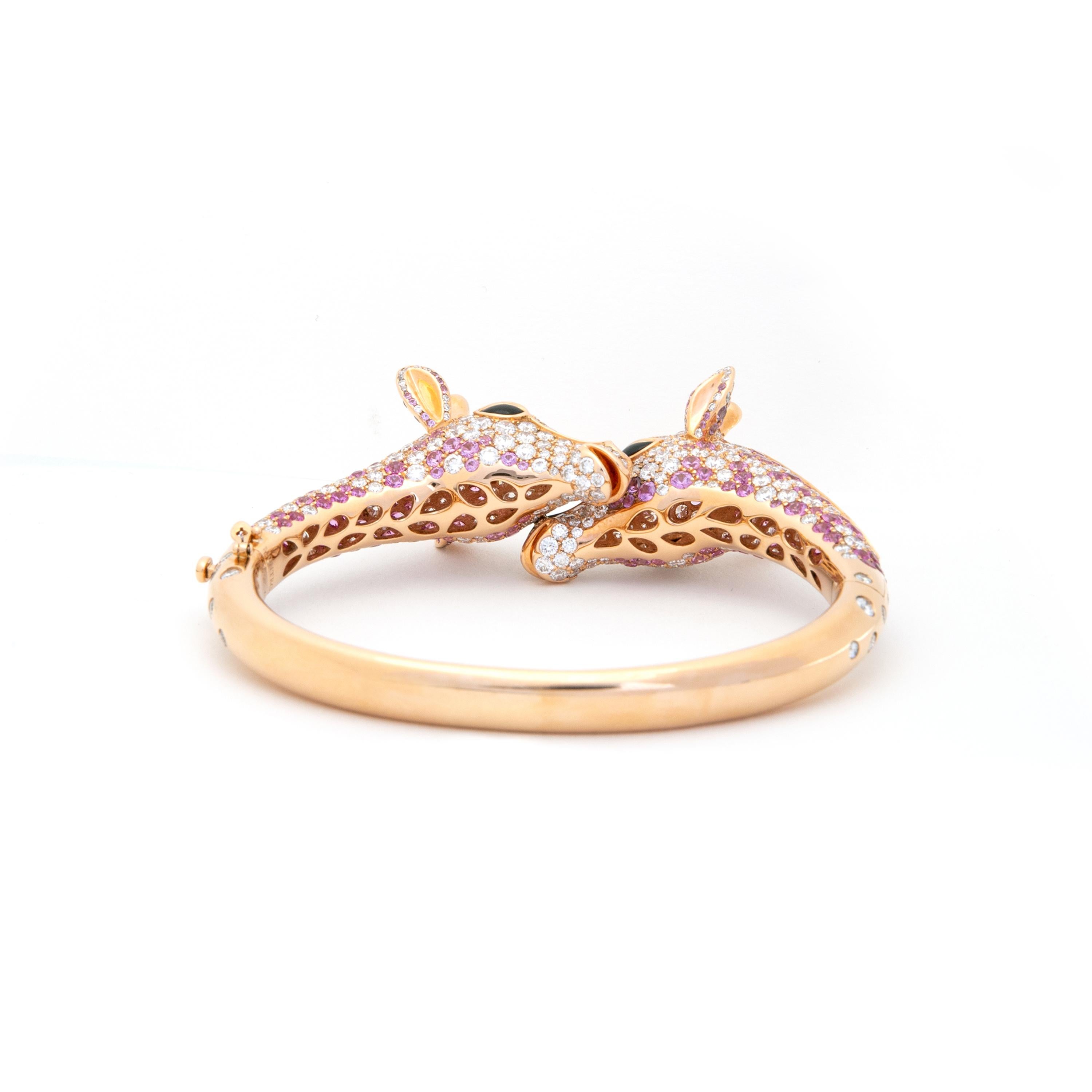 Round Cut Giraffe Diamond Pink Sapphire Gold Bracelet For Sale