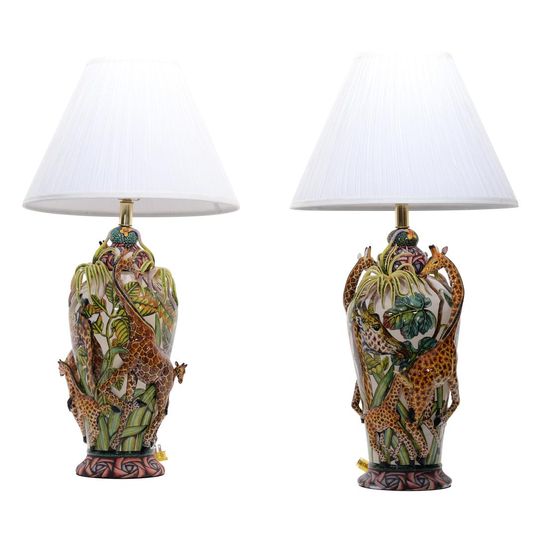 Modern Giraffe pair of lamps, hand made in South Africa, ceramic base