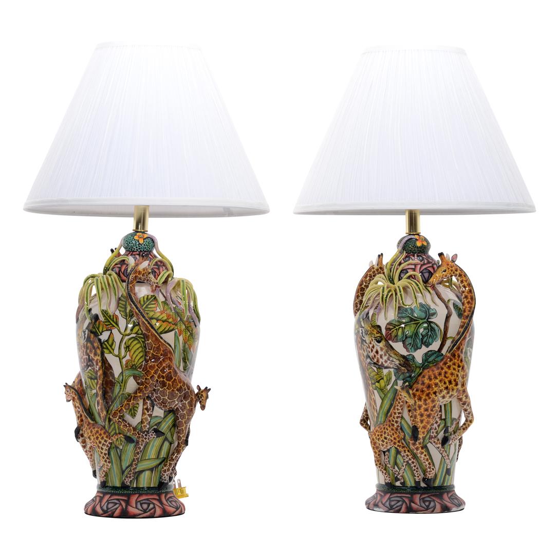 South African Giraffe pair of lamps, hand made in South Africa, ceramic base