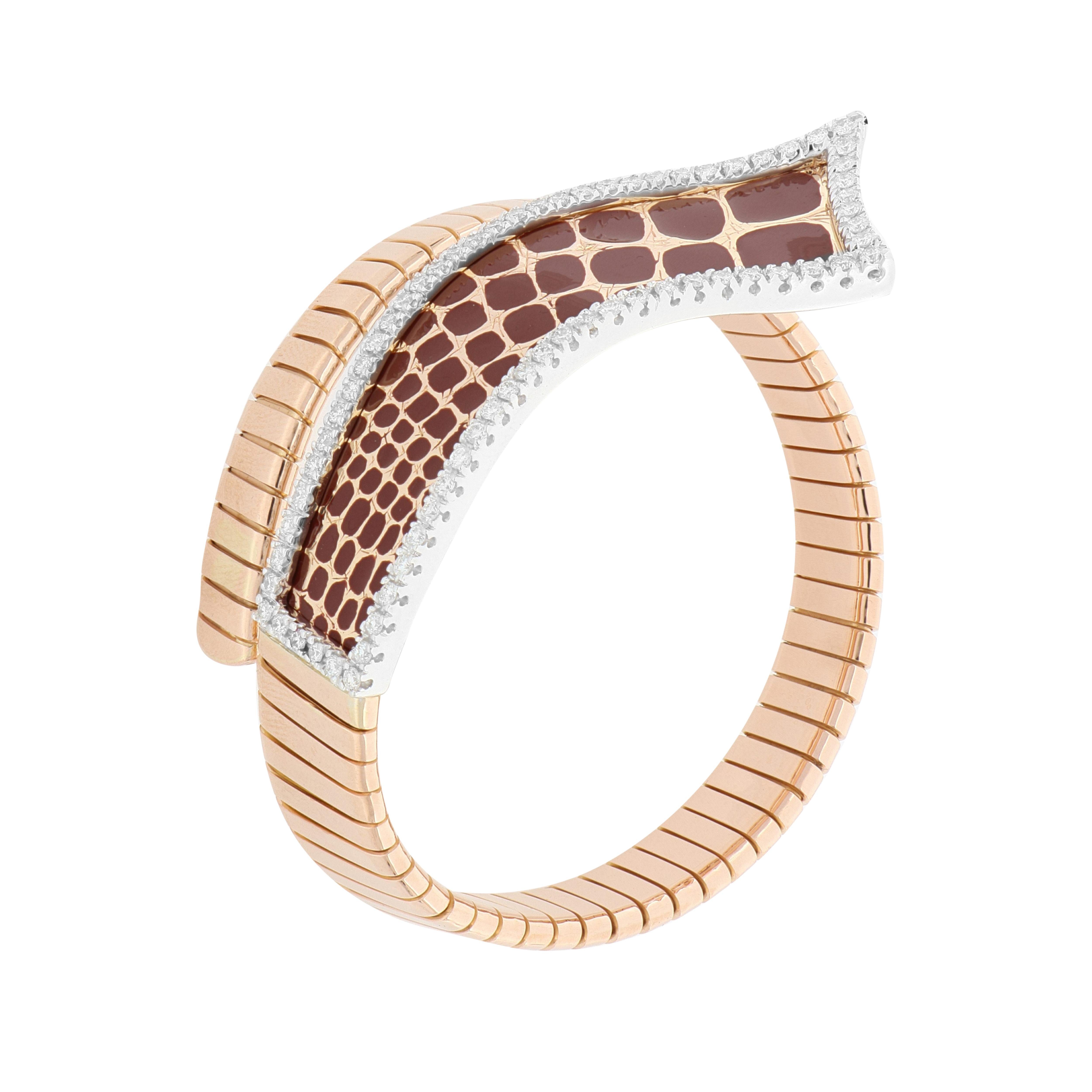 Artisan Giraffe print enamel white diamond tubogas bangle bracelet For Sale
