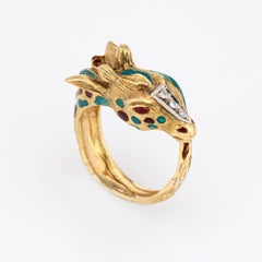 Giraffe Ring Vintage 18k Yellow Gold Diamond Green Red Enamel Band Animal 5