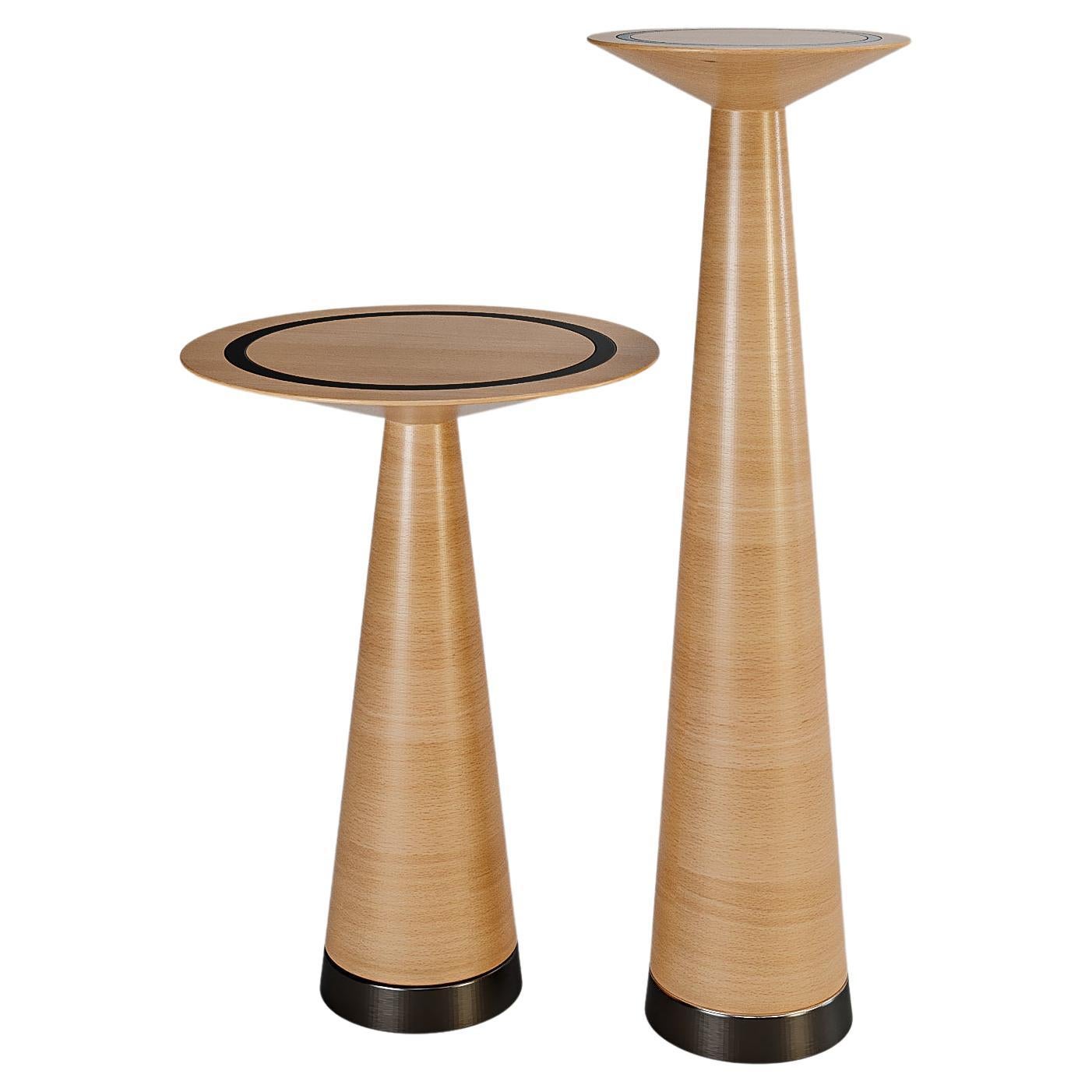 Minimalist Pedestal Side Tables Set in Light Oak Wood and Black Metal Base For Sale