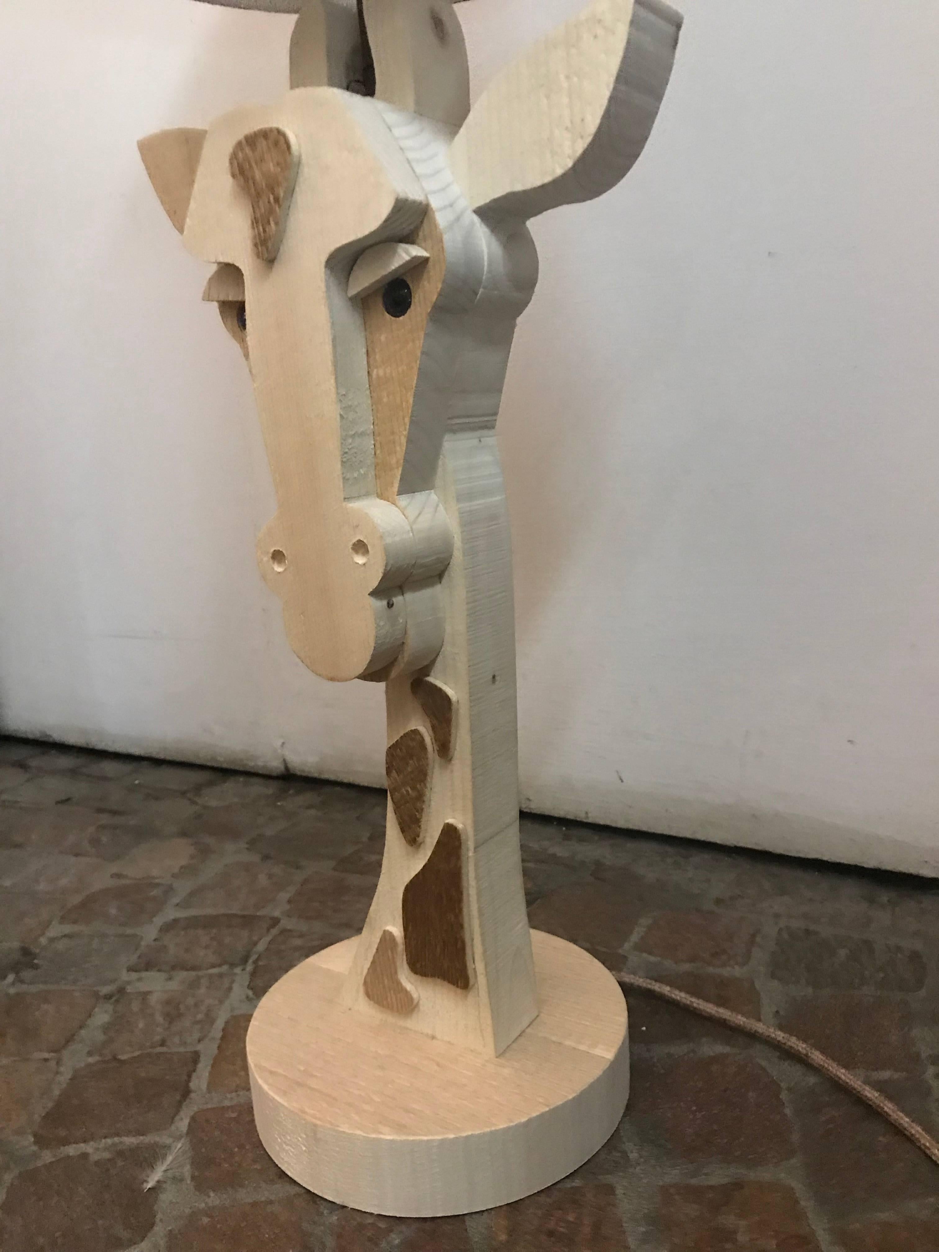Italian Giraffe Table Lamp, Natural Wood For Sale
