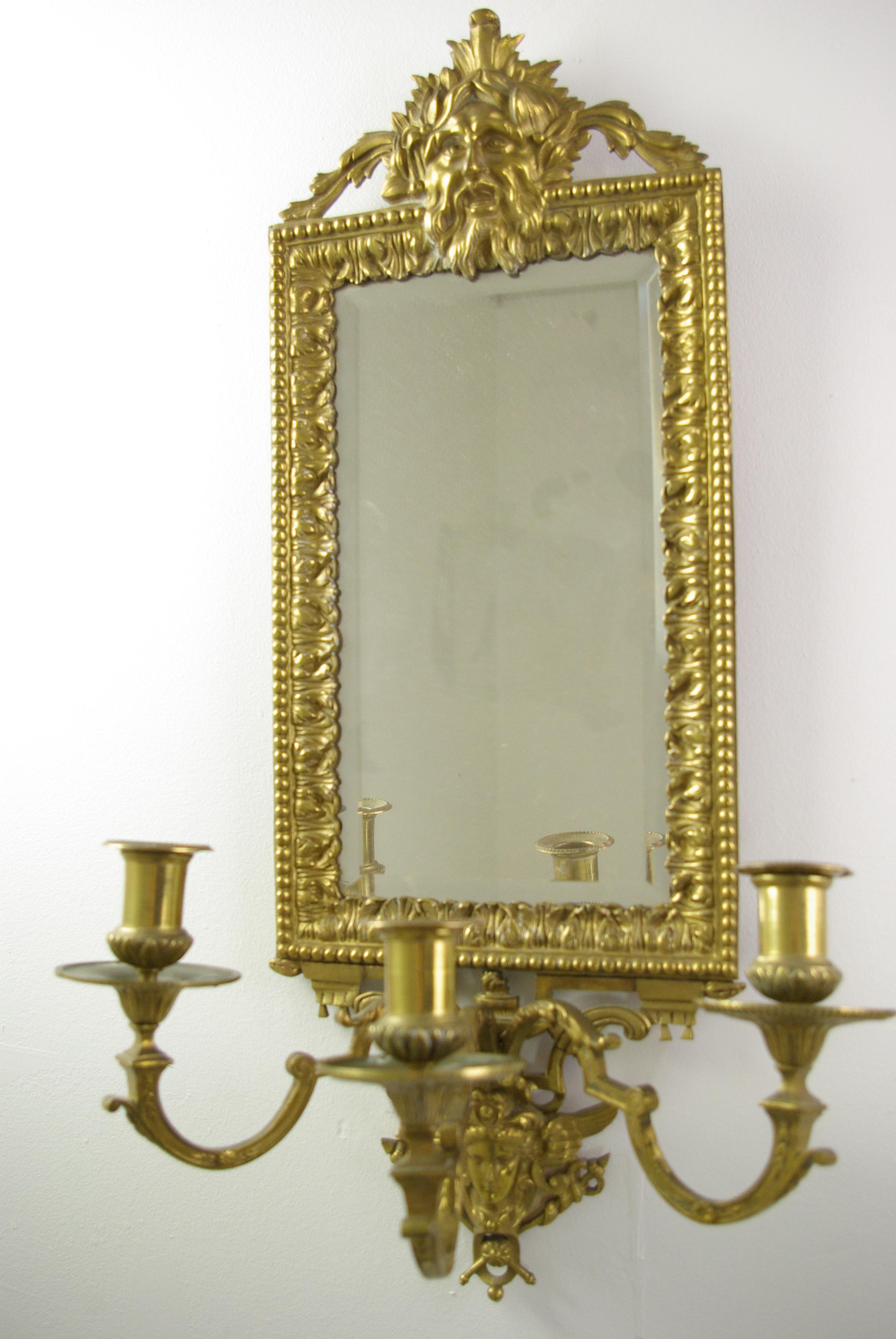 Girandoles mirrors, pair brass mirrors, Rococo mirror, Victorian, Antique Furniture, France, 1870, B1443

France, 1870
Cast brass frames with intricate design
Crested sunburst mask above
Three branch candleholders with fitted sconces
Angel