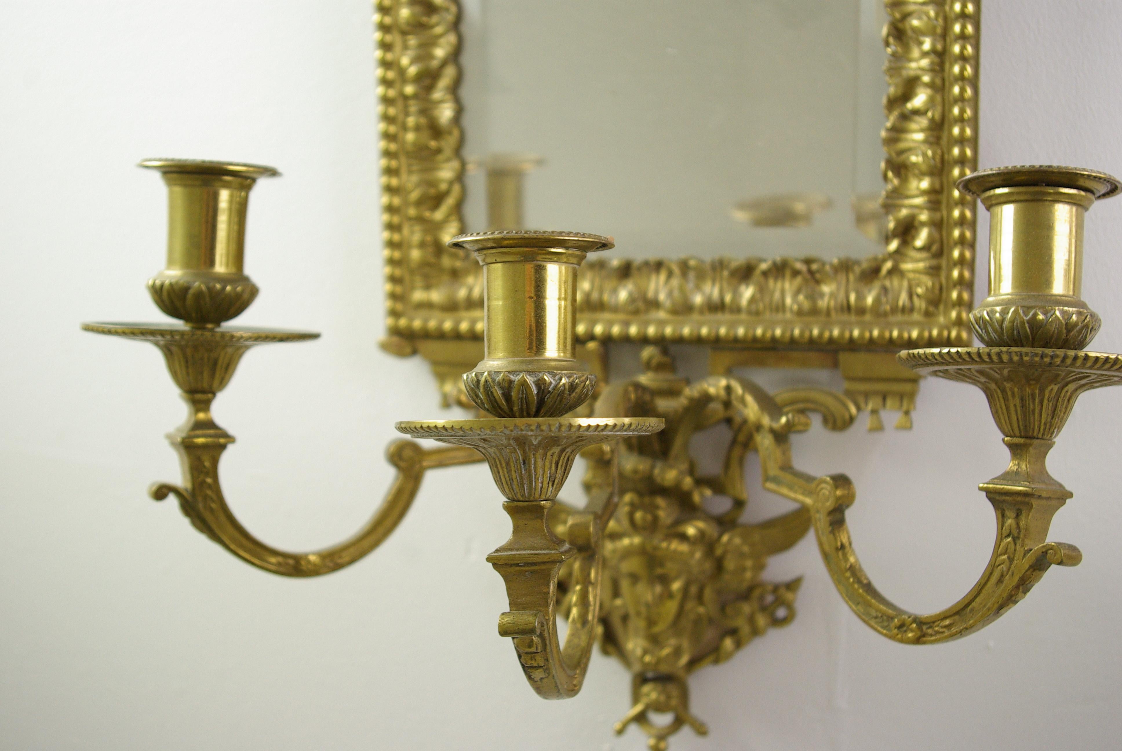Late 19th Century Girandoles Mirrors, Pair of Brass Mirrors, Rococo Mirror, Victorian, France