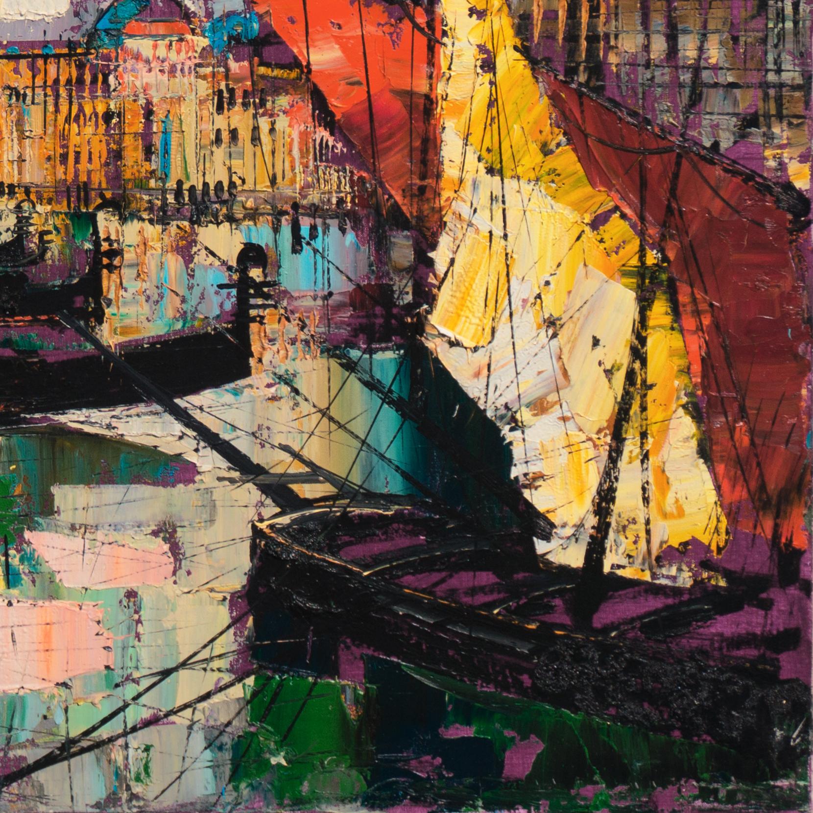 Signed lower left 'Girard' (French, 20th Century) and painted, circa 1965, in the style of Bernard Buffet.  (N.B. Additional signature detail photographed under 365nm ultraviolet light for enhanced resolution.)

A vibrant oil on canvas of Venice