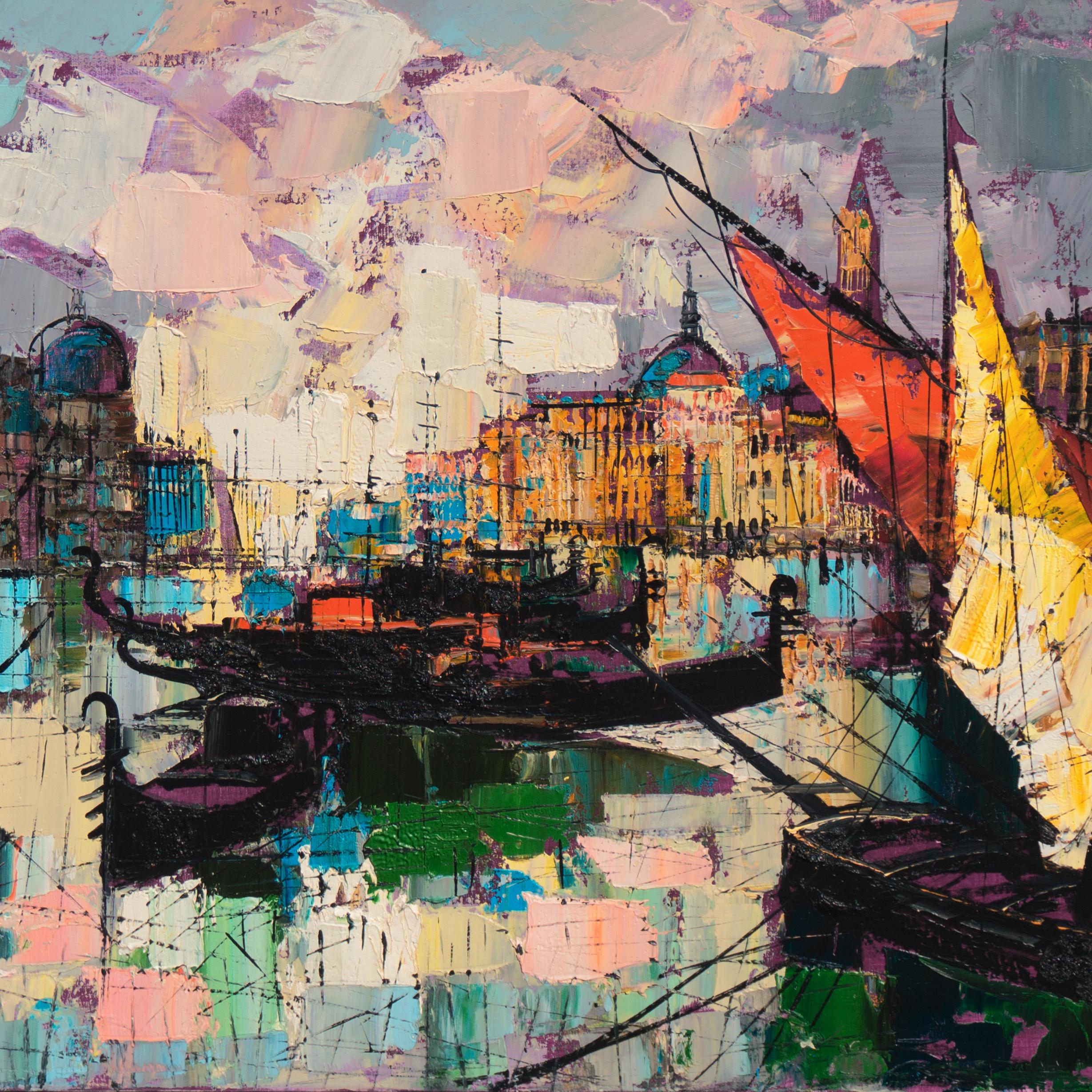 'Venetian Capriccio', Gondolas, Basilica of St. Mark, Campanile, Modernist Oil For Sale 2