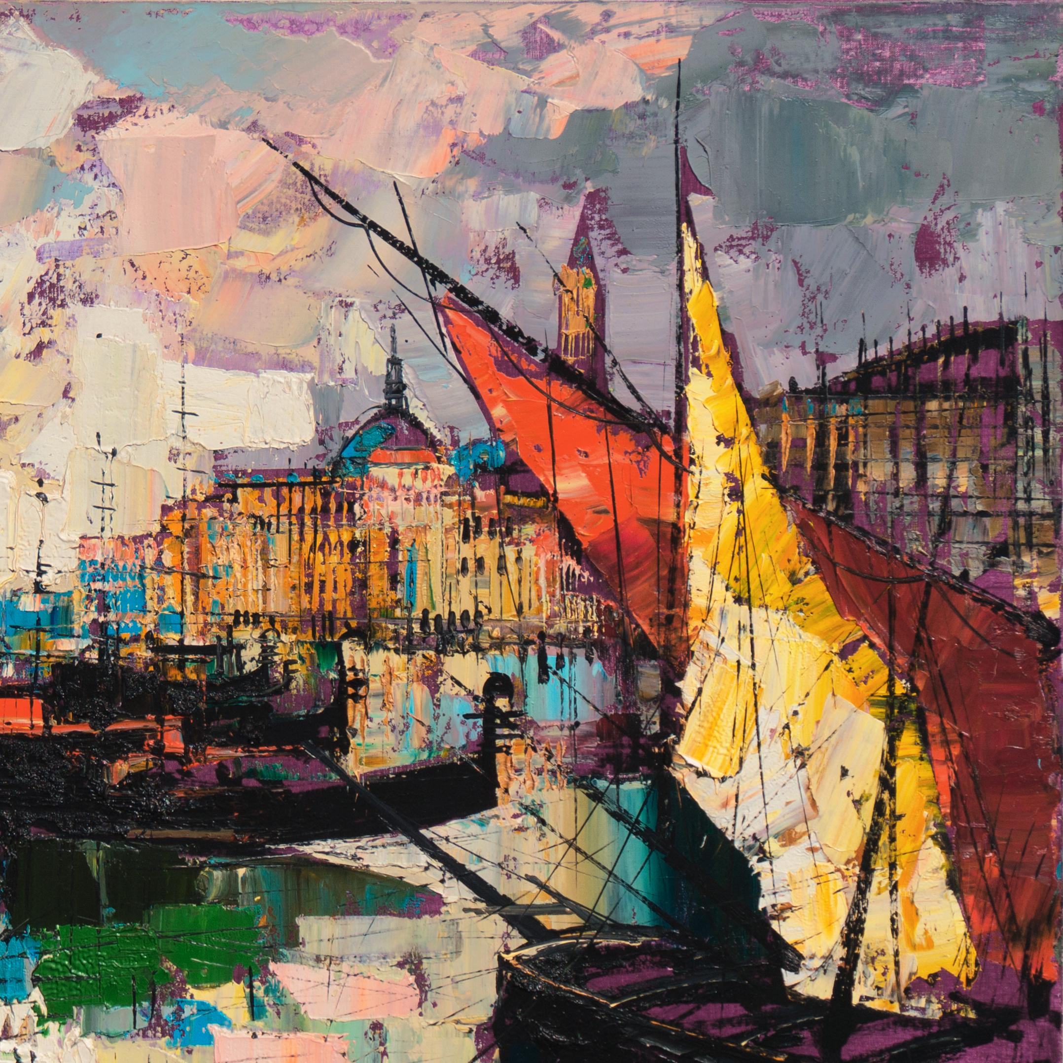 'Capriccio veneziano', Gondole, Basilica di San Marco, Campanile, Olio modernista - Landscape Painting Marrone di Girard