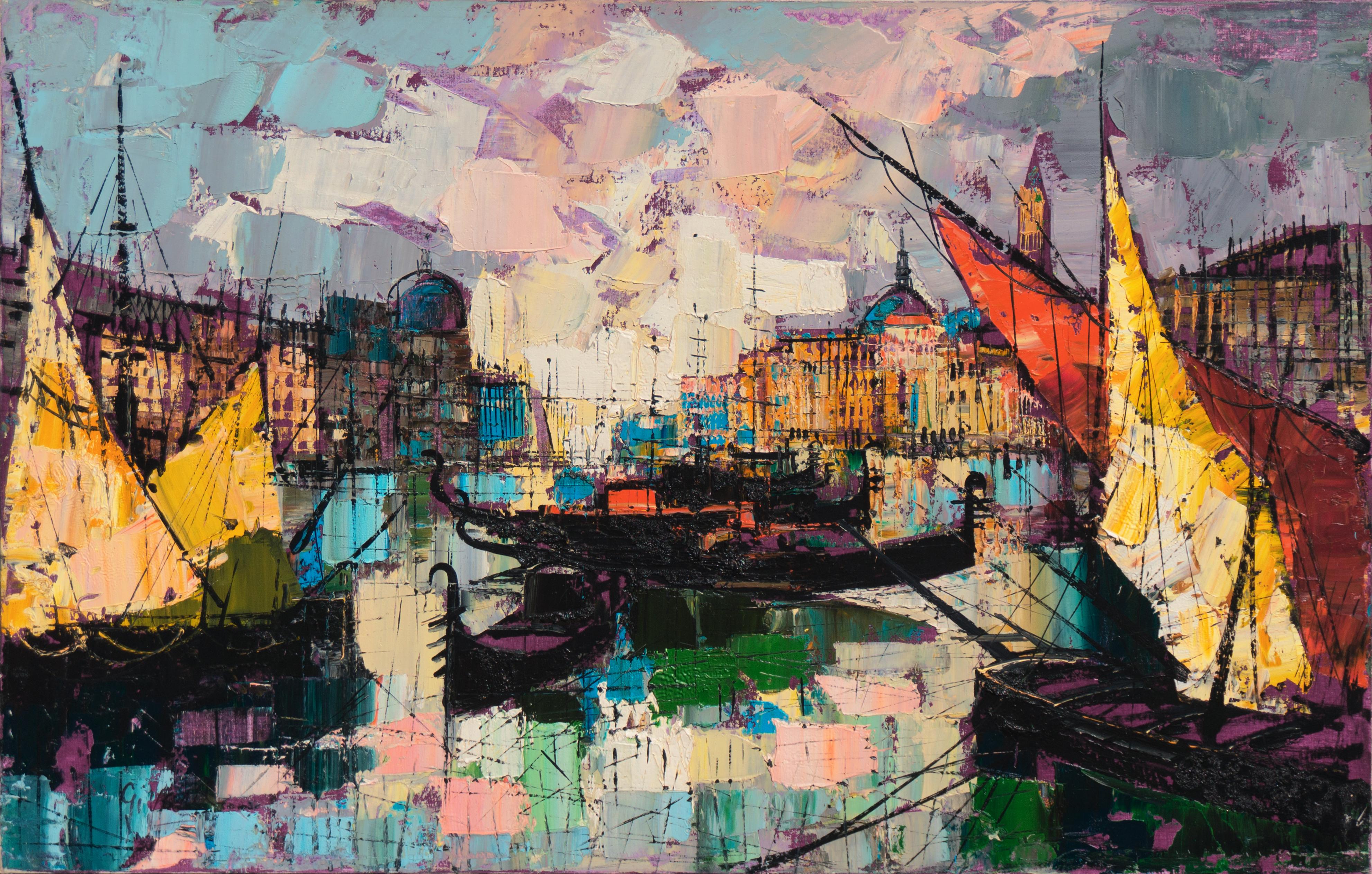 Landscape Painting di Girard - 'Capriccio veneziano', Gondole, Basilica di San Marco, Campanile, Olio modernista