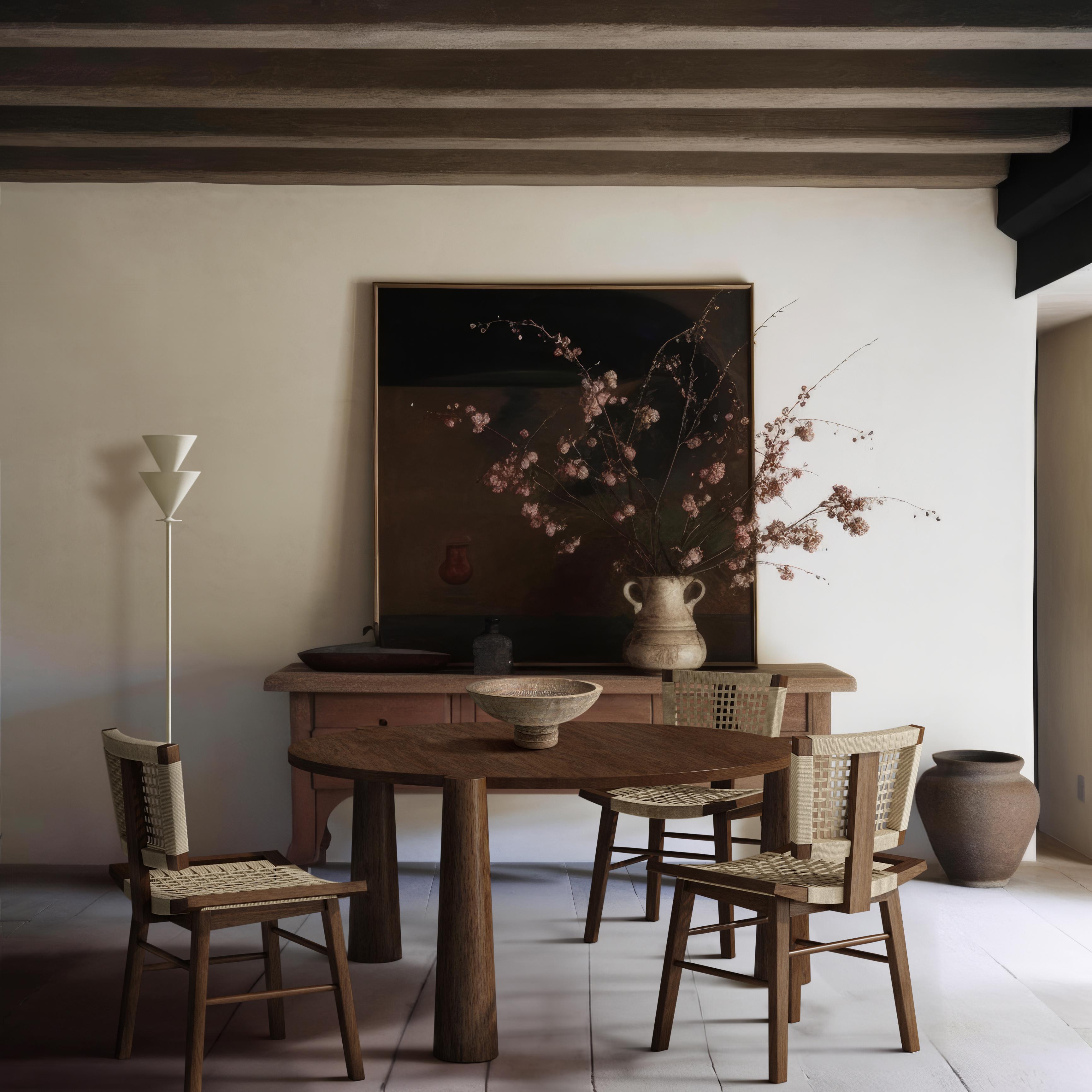 La table de salle à manger Girard, avec ses trois pieds évasés surdimensionnés en bois massif, est une pièce maîtresse étonnante pour toute salle à manger. Ses proportions généreuses permettent d'accueillir confortablement jusqu'à six personnes, ce