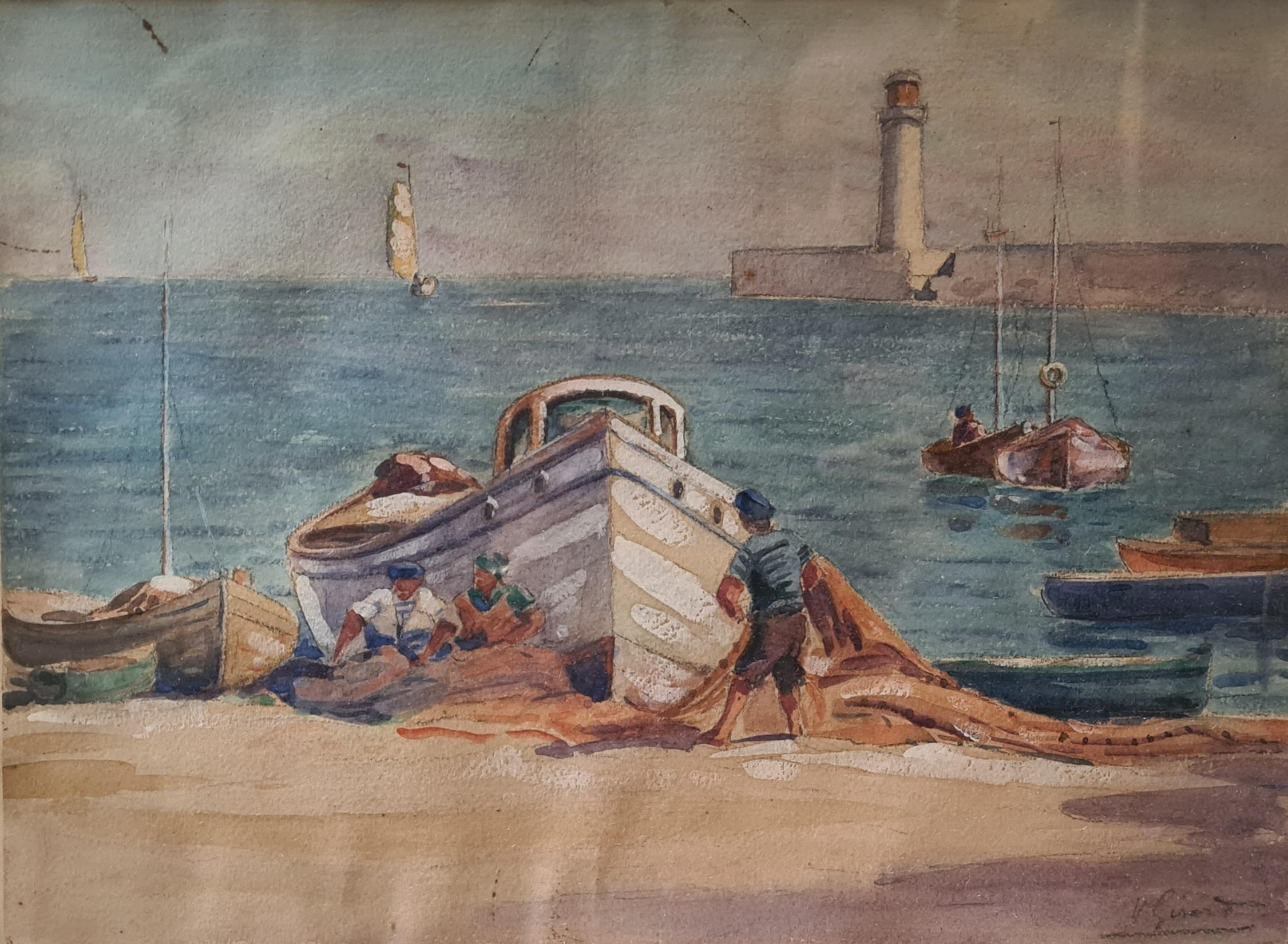 Marine Scene, French Breton Watercolour, The Fishing Nets - Art by Girard