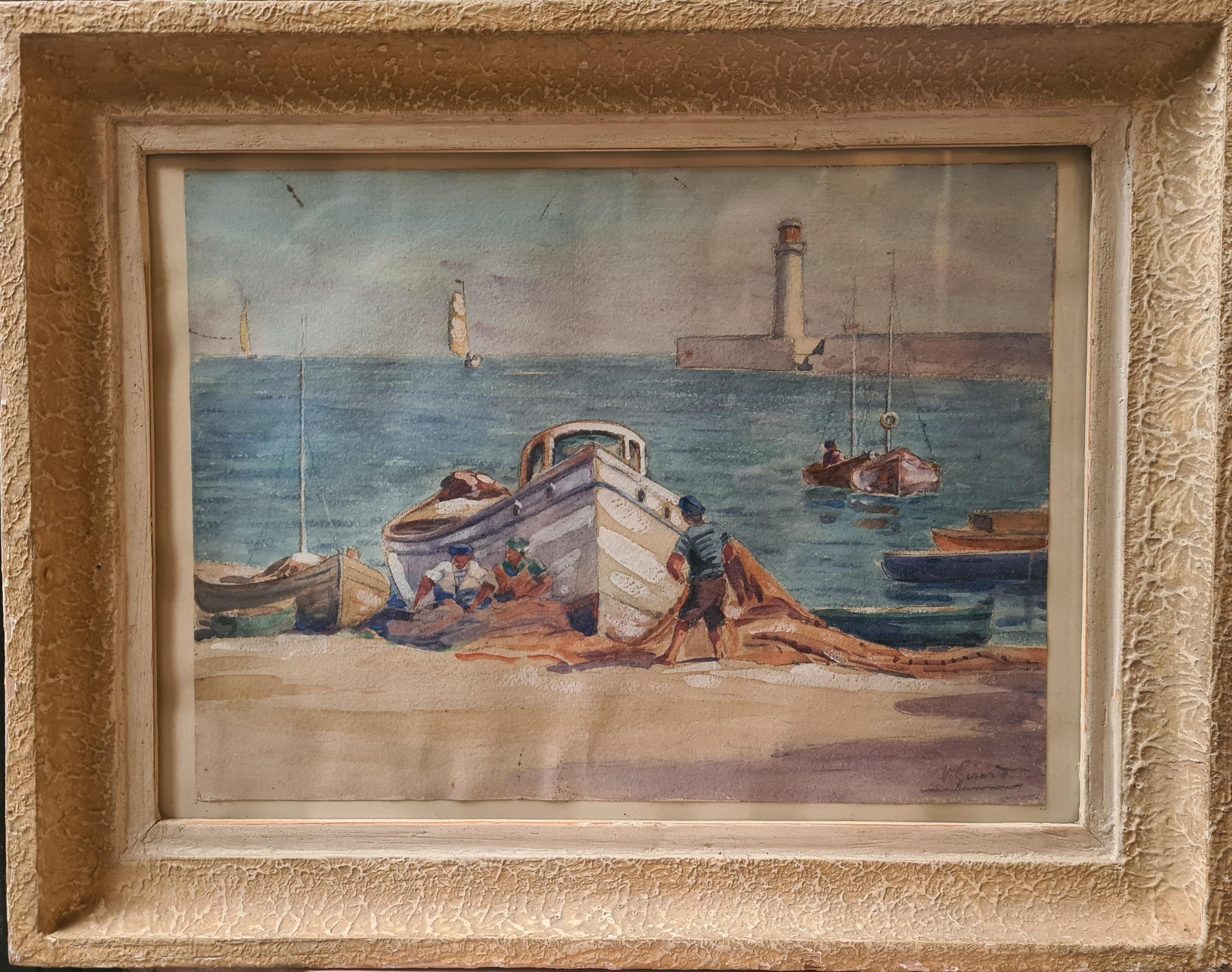Marine Scene, French Breton Watercolour, The Fishing Nets - Brown Landscape Art by Girard