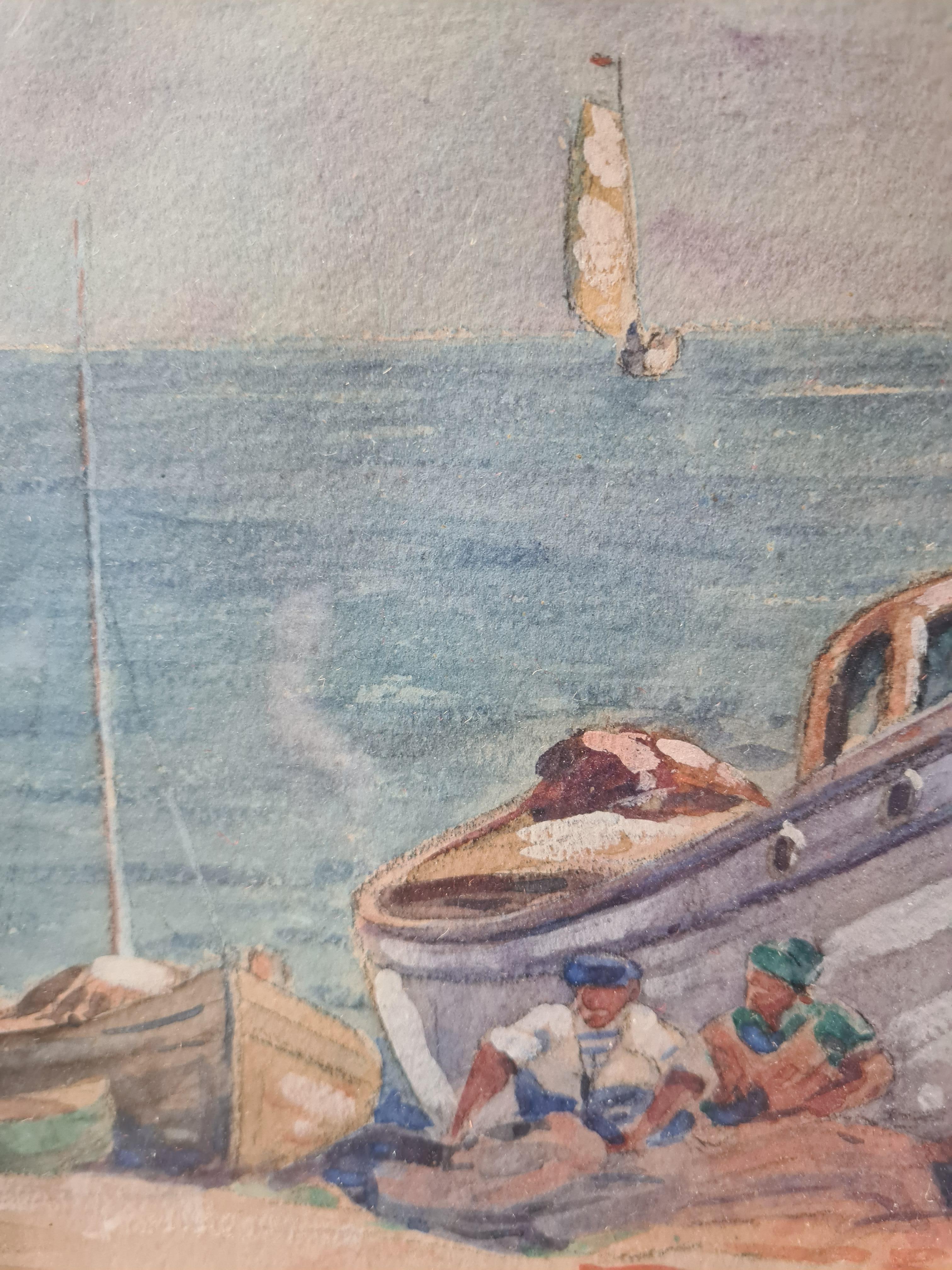 Marine Scene, French Breton Watercolour, The Fishing Nets For Sale 2