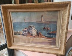 Marineszene, französisches bretonisches Aquarell, Die Fischennetz-Szene
